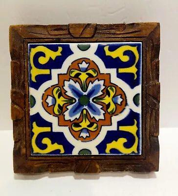 Vintage Mexican Tile Trivet Hand Carved Wood Frame 70s Trivet Or Wall Art • $20