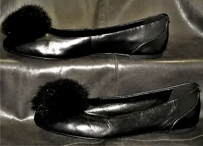 Michael Kors Remi Rabbit Women's Black Glove Leather Flat Pom-pom Pumps Size 8M • $39.99