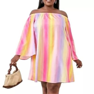 Womens Size 22 UK Rainbow Ombre Off Shoulder Bardot Dress Trumpet Sleeve New 3XL • £19.95