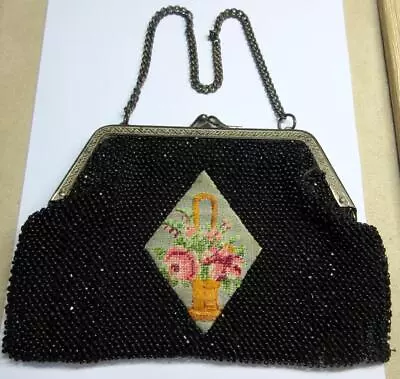 Vintage Glass BEADWORK & EMBRIDERED EVENING CLUTCH BAG PURSE C1930's! • $6.21