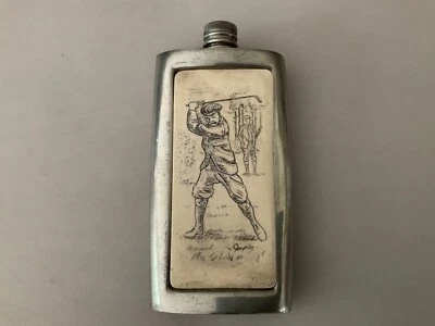 £5 • Buy English Pewter Vintage Golf Panel Hip Flask Made In Sheffield Battered And Used 