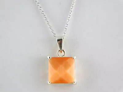 GTR 925 Sterling Silver Orange Faceted Lucite Pendant Necklace 18 Inch Chain • $27