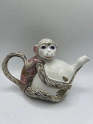 Vintage Thailand Monkey Holding Bamboo Ceramic Teapot Pink Flower Brown Tail • $46