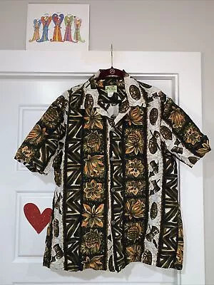 Vintage Ui Maikai Hawaiian Aloha Shirt Mens Sz L? Brown Floral Mask Drums Tiki • $75