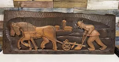 Vintage Hand Carved Wooden Wall Hanging Art Panel Of A Farmer And Horse Plough • £111.60