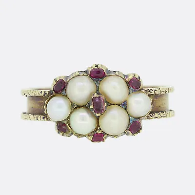 Antique Gold Ring - Georgian Pearl And Ruby Cluster Ring 15ct Yellow Gold • £875