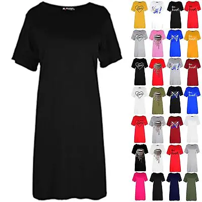 Womens Ladies Oversized Baggy Plain Short Sleeve T-Shirt Long Tunic Midi Dress • £3.99