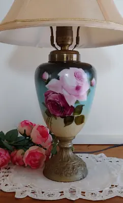 Vntg Victorian Hand Painted Floral Glass Urn Shaped Accent Table Lamp New Cord • $50