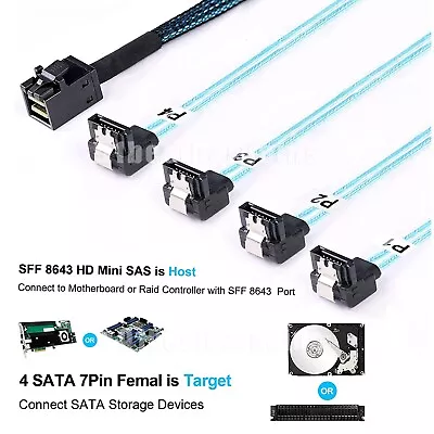 Mini SAS HD Breakout SFF-8643 To 4X SATA Right Angle Server Raid Cable 0.5/1M • $14.99