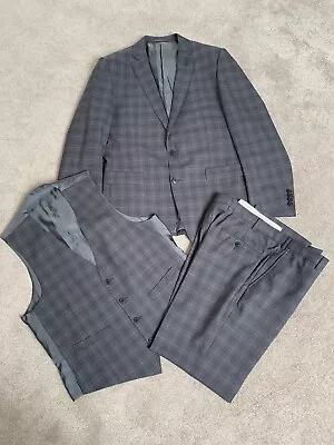 Moss Grey Check Wool 3 Piece Suit - Jacket & Waistcoat 42R Trousers 36L • £12