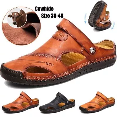 Mens Leather Sandals Walking Sports Summer Beach Shoes Casual Outdoor Slippers • £20.99