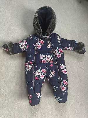 Baby Girls Snowsuit O-3 Months Navy Blue With Flowers Detachable Gloves • £8