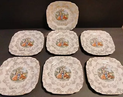 Royal China Dessert Bread Plates Victorian Romantic Couple 22 K Gold 7  Vintage  • $49.98