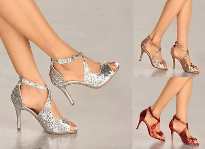 £13.99 • Buy Ladies Sparkly Glitter High Heel Strappy Sandals Shoes Evening Party Sizes 3-8