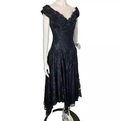 Zum Zum Vintage 90's Black Lace Beaded Off Shoulder Dark Fairycore Party Dress • $142.50