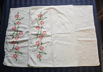 Vintage Hand Embroidered Cross Stitch Flower Pillowcases Standard Pair 20x29 • $8.75