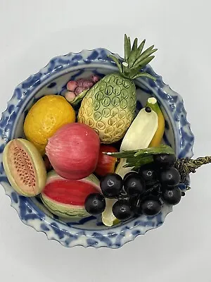 Vintage Miniature Fruit Bowl Dollhouse Grapes Compote Blue White Watermelon Rare • $25