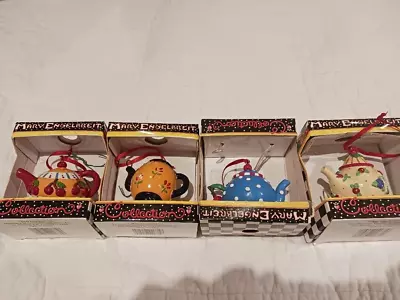 4 Vintage Mary Engelbreit Mini Teapot Christmas Ornaments IN BOX • $49.99