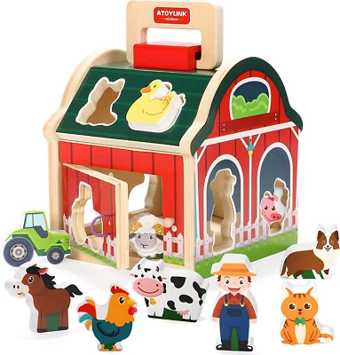 £29.74 • Buy Montessori Toys For 1 2 3 Year Old Wooden Farm Take Along Shape Sorter Toys