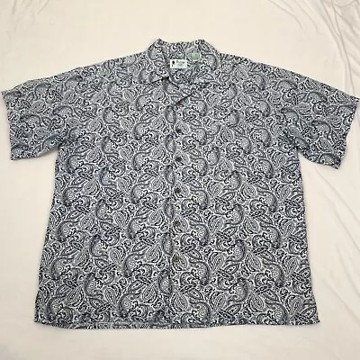 Vintage Silk Mens Shirt XL Paisley Blue White 100% Silk Short Sleeve Button Up • $16