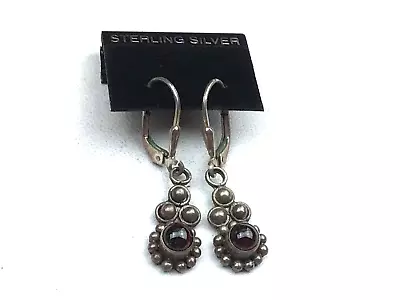 Vintage Sterling Earrings 925 Silver Garnet Gemstone Bali Look Pierced Drop • $22