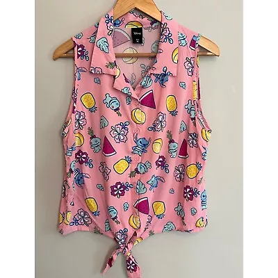 Disney Lilo & Stitch Tie Front Button Down Blouse Pink Sleeveless Juniors XL • $15.17