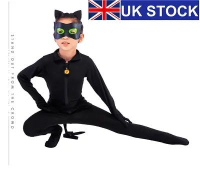 UK Girls Kids Black Cat Jumpsuit Outfits Cosplay Tight Children's Fancy  Costume • £13.67