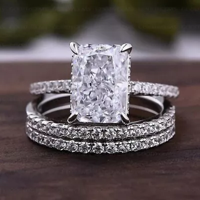 5CT Radiant Moissanite Halo Matching Wedding Band Ring Set 14k White Gold Plated • $140.40