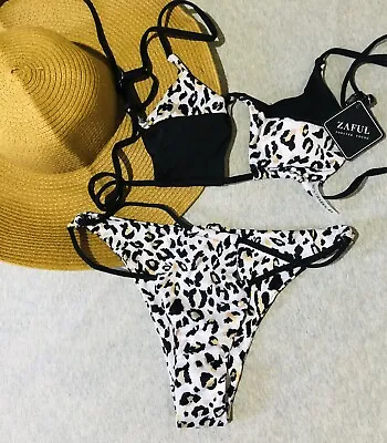 ZAFUL - Black & White African Print Cheeky Brazilian Bikini Size L 12 BNWT • $22