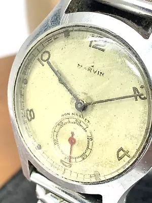 Marvin Men's Watch Vintage Swiss Hand Wind Silver Dial Gold Needs New Band USED • $98.93