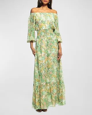 $650 Shoshanna Smocked Off-Shoulder Floral-Print Gold Accent Maxi Dress 8 • $249