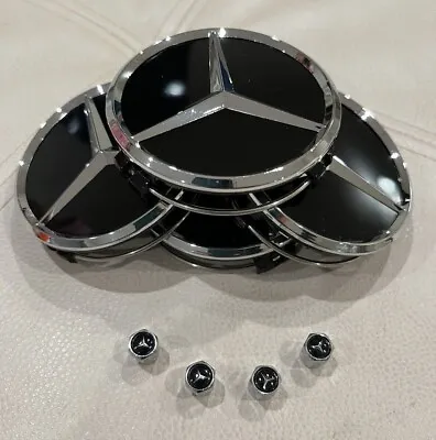 8 Piece BLACK / CHROME Set Fits Mercedes-Benz Wheel Center Caps & Tire Air Caps • $29.95