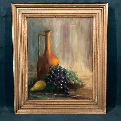 Vintage Framed Mid Century Original Still Life Oil On Canvas   Jug & Fruits  • $275