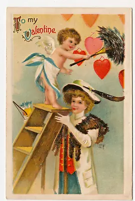 Valentine Vintage Postcard Clapsaddle Lady Cupid Feather Duster Ladder Hearts • $5.99