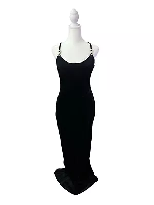 Vtg 90S GRUNGE BLACK VELVET MAXI DRESS HIGH SLIT OPEN BACK CUT OUT • $70