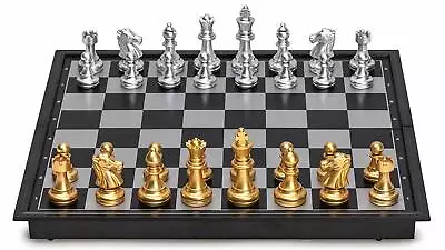 Magnetic Travel Chess Set Portable Metallic Mini Small Gold Silver Board Case US • $19.28