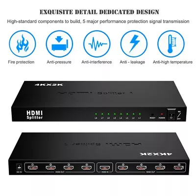 HDMI 1x8 Splitter 8 Port 1 In 8 Out HDMI Switch Full HD 1080P 3D 4Kx2K EDID • $44.45