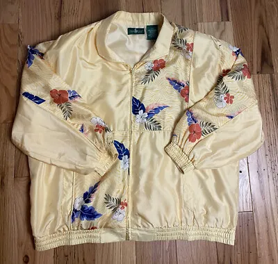 Vintage Full Zip 90's Silk Bomber Jacket Yellow Floral 20 W| Lightweight  Baggy • $16.73