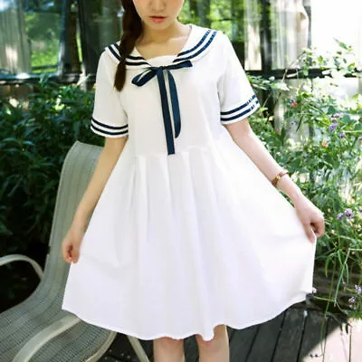 Women Sailor Collar Bowknot Dress Seaman Style Tunic Tops Lolita Short Sleeve • £29.04