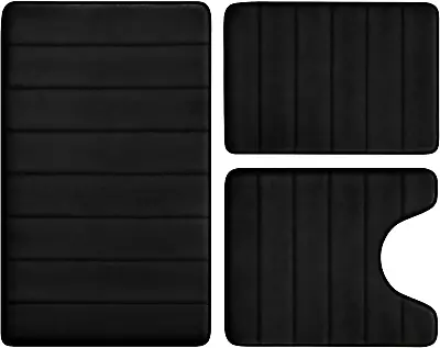 Black Memory Foam Rug Set 3 Piece Non Slip Extra Absorbent Shaggy Soft & Dry Bat • $32.88