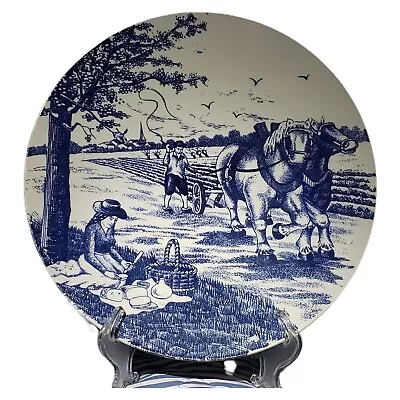 Vintage Display Plate W/Farm & Picnic Scene Horses Blue On White Grannycore  • $12