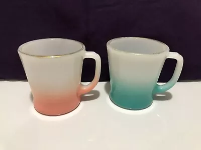 Vintage Anchor Hocking Fire King Glass Mugs Turquoise +pink Ombre Fade Gold Rim  • $6.26