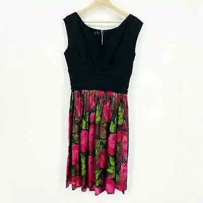 $22.40 • Buy Vintage 1950's Gigi Young Dress Black Rose Print Skirt Swing V-Neck Accordian