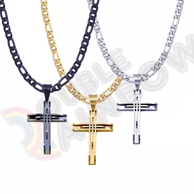 Men'S Stainless Steel Cross Necklace Pendant 8mm Diamond Cut Figaro Chain 23P02 • $16.23