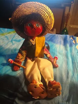 Vintage MEXICAN Hand Made Painted Oil Cloth FOLK ART Doll With Maracas And Hat • $11.99