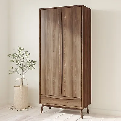 Walnut Mid-Century Double Wardrobe With Drawer - Frances FNS005 • £299.92