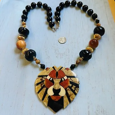 Vintage Black Gold Wood Bead Lion Inlay Necklace • $19.99