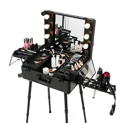 Pro Rolling Makeup Artist Station Train Case Trolley Table Stand With LED Lights • £239.94