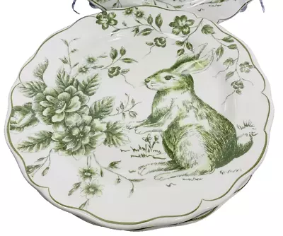 4 Maxcera Green Toile Easter Bunny Rabbit Luncheon Plates 9.25  Set/4 AS IS Read • $39.99