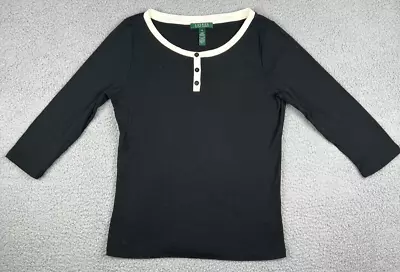 LRL Lauren Ralph Lauren Womens Henley Shirt Medium Black 3/4 Sleeve 3 Button USA • $22.88